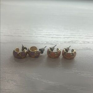 2 Pairs - Gold Pink/Purple Checkered Hoop Earrings